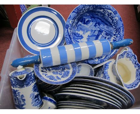 Blue &amp; White Pottery, including Masons jug, T.G Green rolling pin, Willow pattern etc:- One Box.