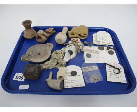 Ancient Coinage, ring, pottery, clay pipe heads, etc:- One Tray