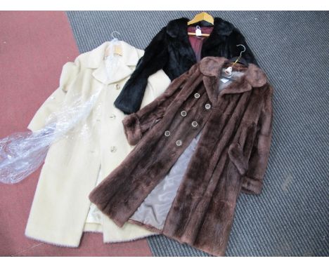 A Vintage Cream Mohair Knee Length Ladies Coat (size 16); a coney fur coat and a further fur coat. (3)
