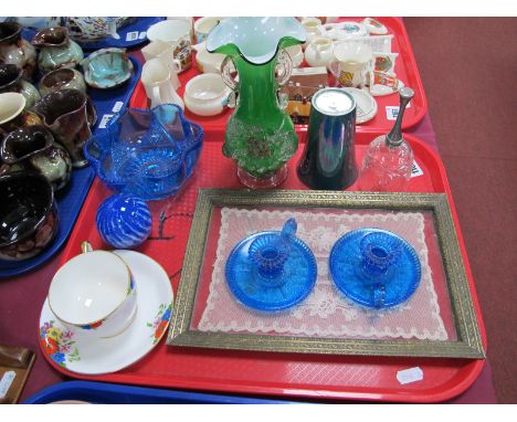 A Pair of Good Night Blue Glass Chamber sticks, other glassware. Carlton cup and saucer, etc:- One Tray.