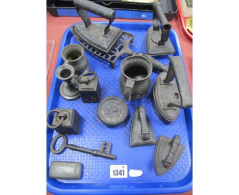 Flat Irons, A.K &amp; Sons No.1, having curved bottom, weights, key, snuff box, etc:- One Tray