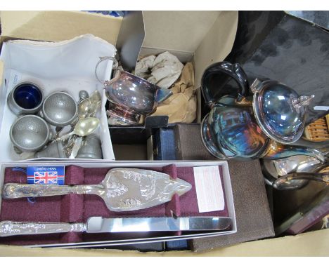 Arthur Price Plated Tea Service, Elkington water jug, 20cm high, cased cutlery, pewter ware etc:- One Box.