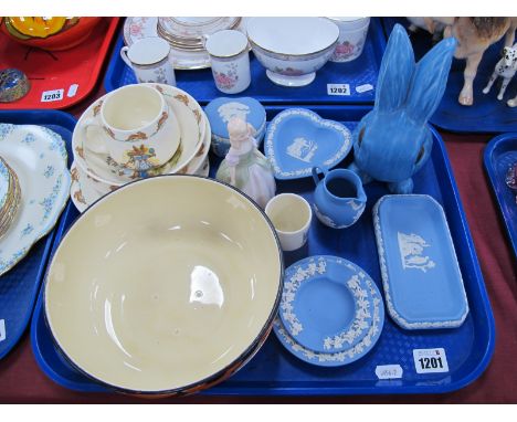 Wedgwood Jasper Ware Small Jug, trinket box. Royal Doulton figure of Penny HN 238, Royal Doulton Bunnykins bowls, cup, etc. M