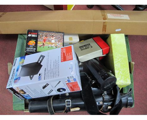 Canon Camera AE1, Canon Lens FD 2000mm, 1:4, film scanner, Canon AF 35M Auto Focus camera, projector screen, etc:- One Box.