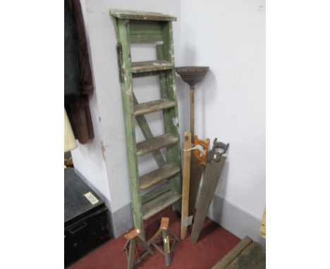 Pine Folding Steps, saws, posser stick, car jacks.