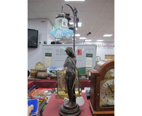 Art Nouveau Style Table Lamp, as a naked lady, with glass shade, 67cm high.