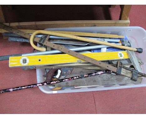 Record Sash Clamp, Rabone Chesterman two metre rule, spirit level, Slack and Sellars, Spear and Jackson and other saws, tools