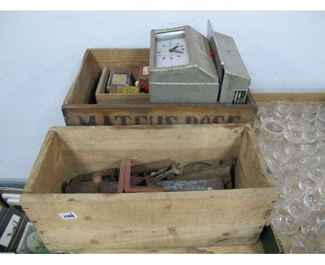 Woden Vice, spanners, monkey wrench, other tools, tins, Simplex time recorder.