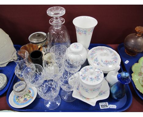 A Late XIX Century Art Nouveau Jar with a Plated Top, cut glass decanter, glasses, Gozo glass scent bottle, Wedgwood 'Angela'