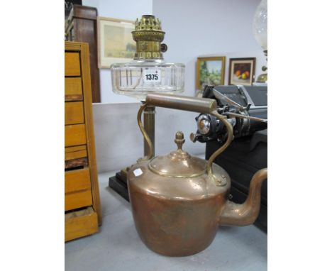 Brass Oil Lamp, with glass well on wooden stepped base, XIX Century copper kettle. (2)