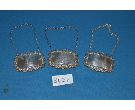 Hallmarked Silver Decanter Labels; Whiskey, Port, Gin Approx 41.5g 