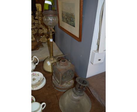 Paraffin Tilley Lamp, Carriage Lamp and a Holophane Ceiling Lamp 
