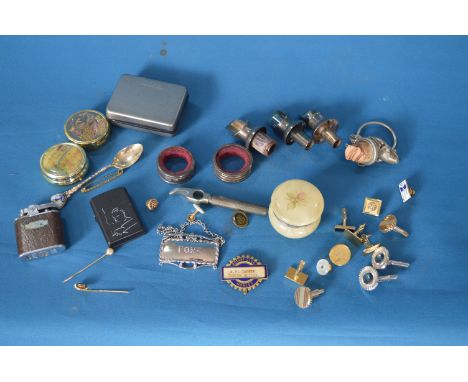Tray of Decanter Pourers, Cufflinks, Lighter, Pin Badges, etc. 