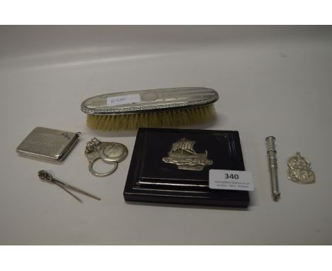 Assorted Silver Items; Brush, Match Case, ARP Badge, Cigarette Case, etc. 