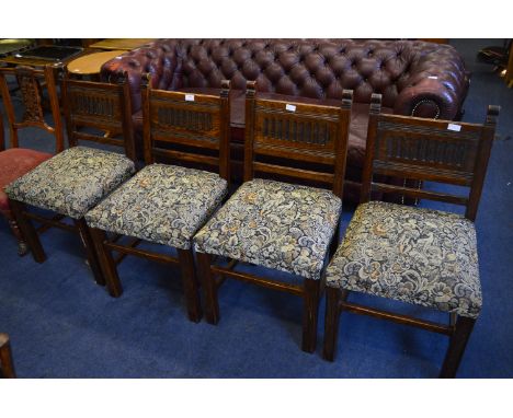 Set of Four Oak Dining Chairs with Tapestry Upholstered Seats 