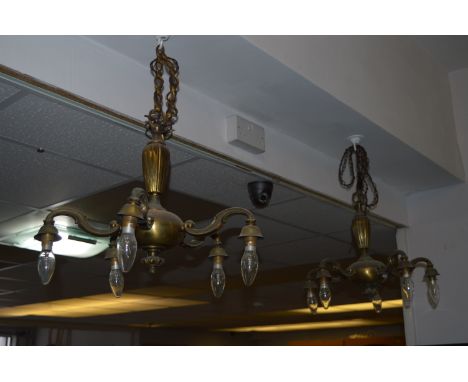 Pair of Brass Five Branch Ceiling Light Fittings 