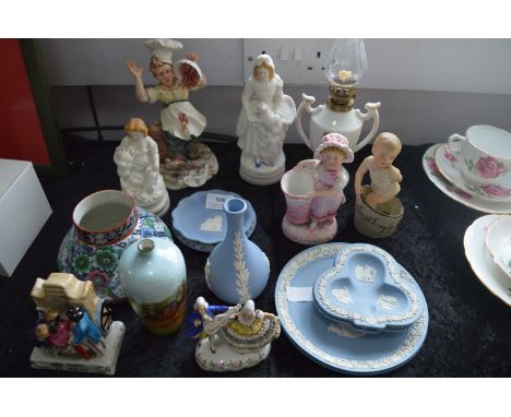 Wedgwood Vases, Bisque Figures, Small Oil Lamp, Etc. 