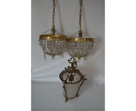 Brass and Glass Ceiling Light and a Pair of Glass Droplet Chandeliers 