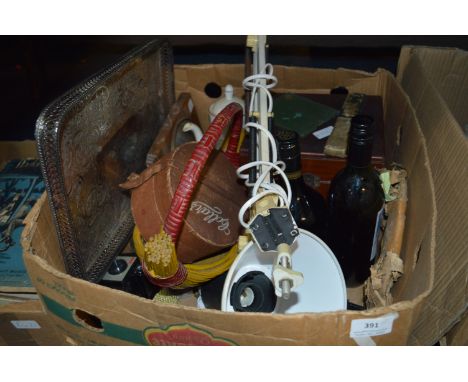 Box Containing Plated Tray, Clock, Mahogany Box, Bottle of Baileys, Bottle of Punch, Angle Poise Lamp, etc. 