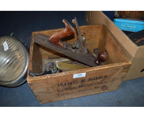 Small Pine Box Containing Acorn Plane and Hand Tools 