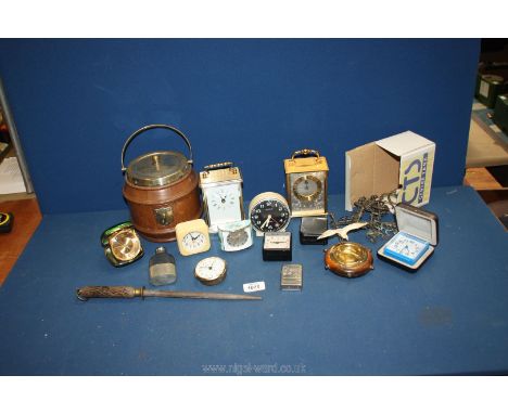 A quantity of miscellanea including wooden biscuit barrel, quartz clocks, hip flask, ashtray, etc.