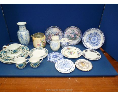 A quantity of china including Midwinter plates, cups and jug, Mason's plate, blue and white vase, biscuit barrel etc.