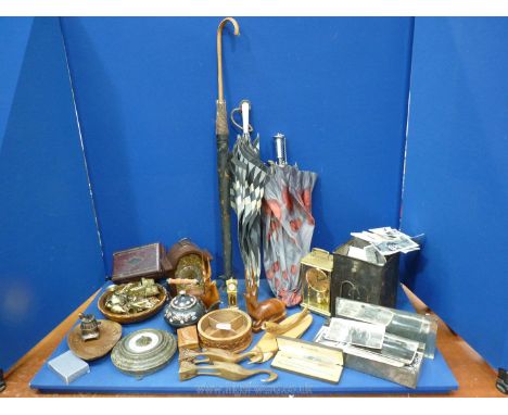 A quantity of miscellanea including Treen, quartz clocks, marble barometer, vintage parasols, black and white photos,Parker p