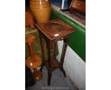 A dark wood barley twist Jardiniere Stand with lower shelf, 12'' square x 36 1/2'' tall.