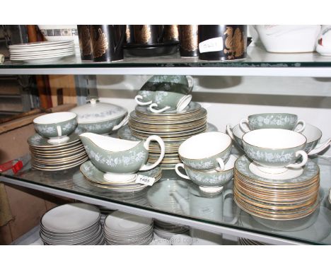 A part Wedgwood 'Fieldfare' dinner set including ten dinner plates,  eight soup bowls and ten saucers, two tureens (one lid m