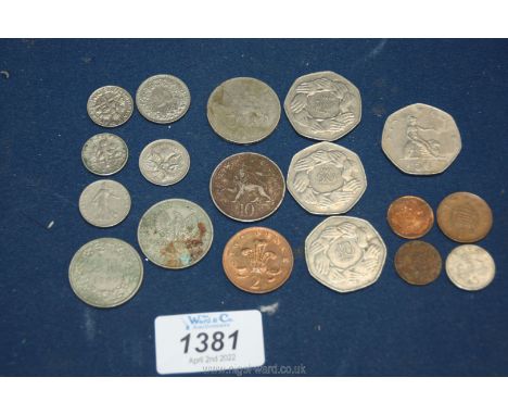 A quantity of English and foreign coins including three EU ring of hands 50 pence pieces, other 50p and 10p's, American and F