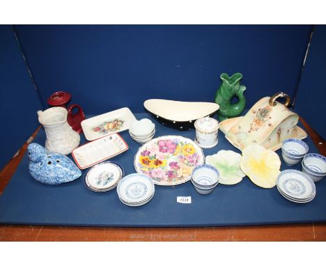 A good quantity of china including Dartmouth gurgle jug,  Chinese teacups and saucers, duck, polka dot dish, Royal Devon chee