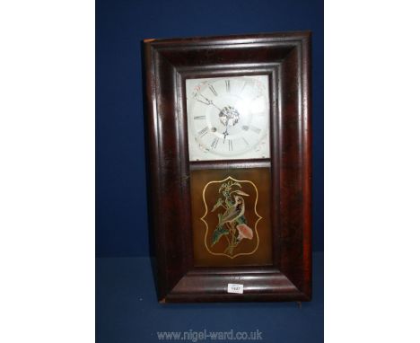 An Ansonia Clock Co. wall clock, late 19th century, the glass panel decorated with a finch among flowers (for restoration).