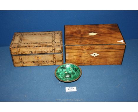 Two wooden jewellery boxes (no keys) and a jade coloured dish.