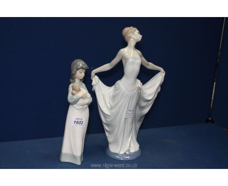 A Lladro figure of a dancer 12" tall (thumb missing) together with A Nao figure of a girl holding a dog 9 1/2" tall.