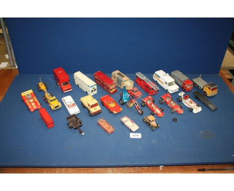 A quantity of Matchbox and Dinky toys including articulated horse box, K-47 Easy Rider, Atlantean bus etc, all play-worn.