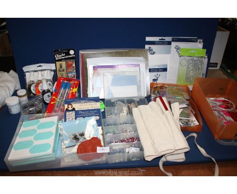 A box of Craft making items including Cosmic shimmer mist, Mica mist, glue pens, box of Midwinter magic, folding pouch with b