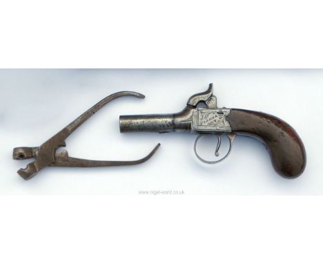 A top hammer Percussion muzzle loading Pocket/Muff Pistol by ''Fisher of London'', the grip with inlaid oval plate engraved '