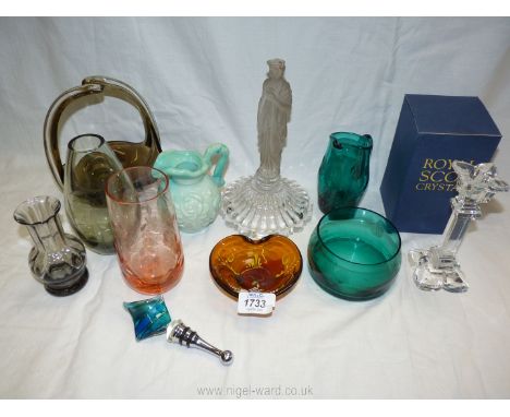 A small quantity of glass including Royal Scot vase, boxed, teal coloured bowl and small jug, candlestick, glass basket etc.