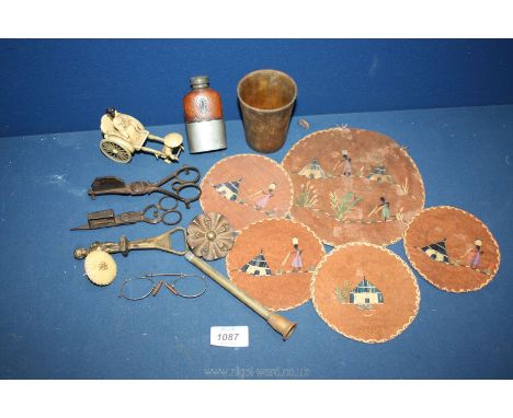 A small quantity of miscellanea including a horn beaker, candle snuffers, small hip flask, oriental model of a Rickshaw and p