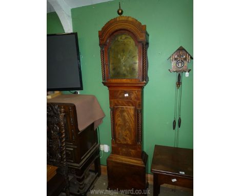 A Mahogany cased eight day Longcase Clock having an arched brass face with inset second hand and date register, Roman numeral