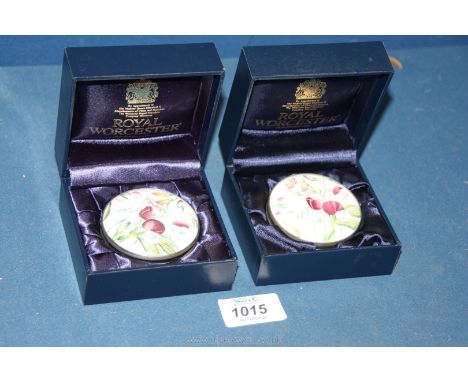 Two boxed Royal Worcester Halcyon Days enamel and metal trinket boxes.