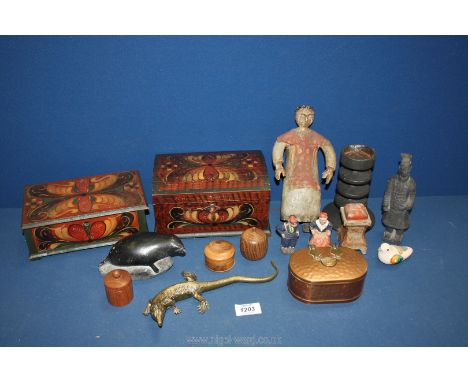 A quantity of miscellanea including Robert Welch candlestick, carved stone model of a Seal, pair of Jukkas Jarvi pottery figu