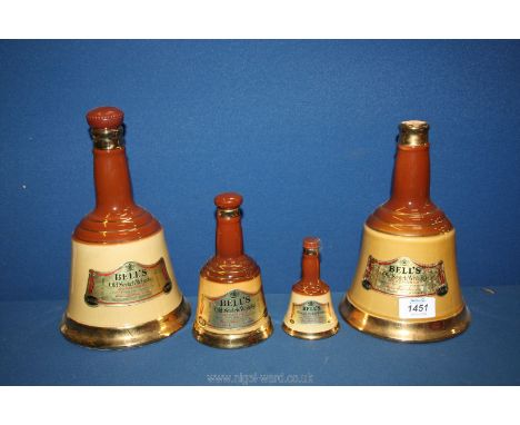 Four various size Wade Bells Old Scotch whisky decanters (one with 2 corks a/f. &amp; one missing lid). 