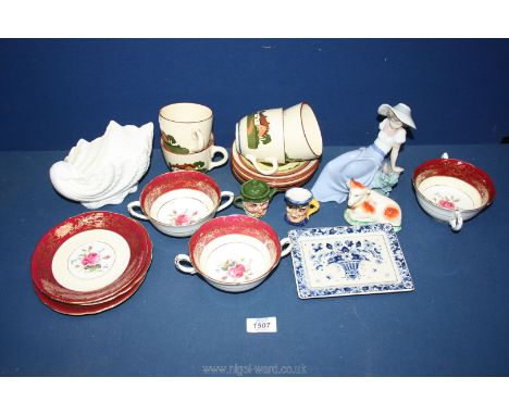 A quantity of china including Coalport three handled soup bowls and saucers, Coalport shell vase, a/f, Nao figure, Delft plat