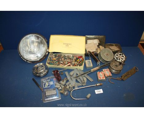 A box of miscellanea to include; vintage headlight, fishing reel parts, collection of centre pins, electronic parts, etc.