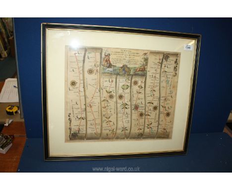 A framed hand coloured map 'The Road from Cambridge to Coventry' by John Ogilby, with engraved vignette of stag hunting, circ