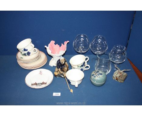 A quantity of mixed china including foreign cups, saucers and plates, fishermen figurine, Italian vase, plates, glasses, etc.