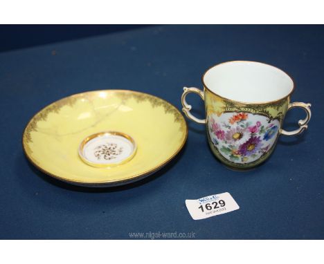 A pretty Meissen chocolate cup decorated with floral panel to one side and scene with figures on horseback to the other, toge