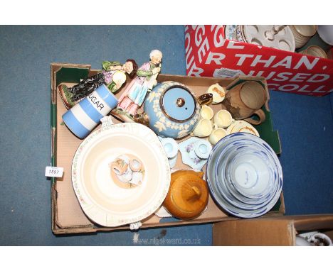 A quantity of china including four graduated blue and white bowls, Szeiler Studio Onion pot, pair of Adderley candlesticks, T