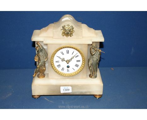 An Alabaster mantle clock flanked by two spelter style figures, with Roman numerals on a white metals face, a/f 9 3/4'' wide 
